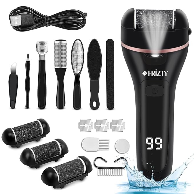 Frizty Callus Remover for Feet | Foot Scrubber for Dead Skin | 14 in 1 Pedicure Kit for Feet | 3 Roller Heads for Dead Skin Removal