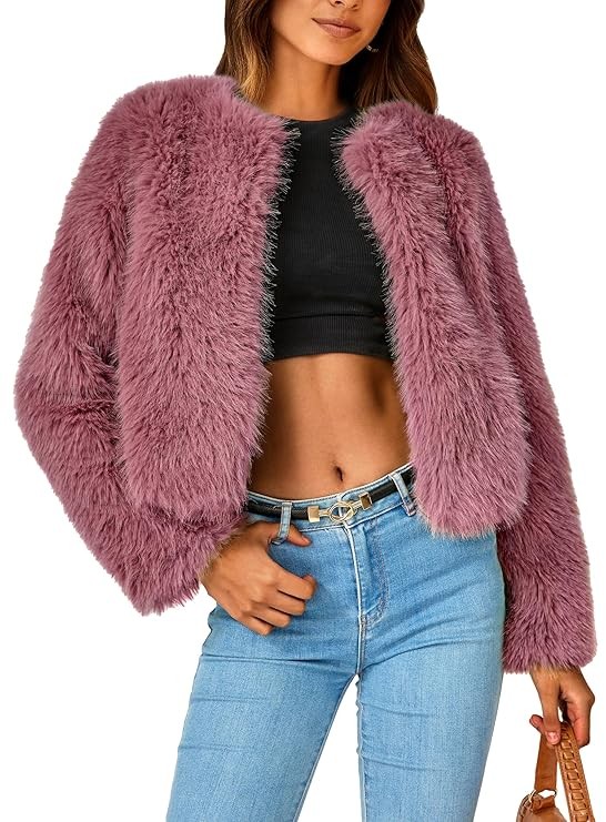 PRETTYGARDEN Women's 2024 Winter Coats Fleece Cropped Jacket Faux Fur Long Sleeve Pockets Shaggy Warm Outerwear Fall Clothes