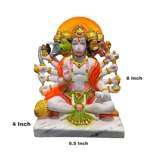 Rama Collections Marble Lord Panchmukhi Hanuman Bajrangbali Bhagwan Sitting Color Idol Religious Home Dcor Office Mandir Murti Puja - Height 8 in