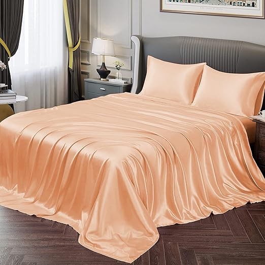 Cloth Fusion Satin Bedsheet for King Size Bed, Perfect for Romantic Night, Excellent Gift for All Celebrations, Set of 1 Satin Sheet 108"X108" & 2 Pillow Covers (Peach)