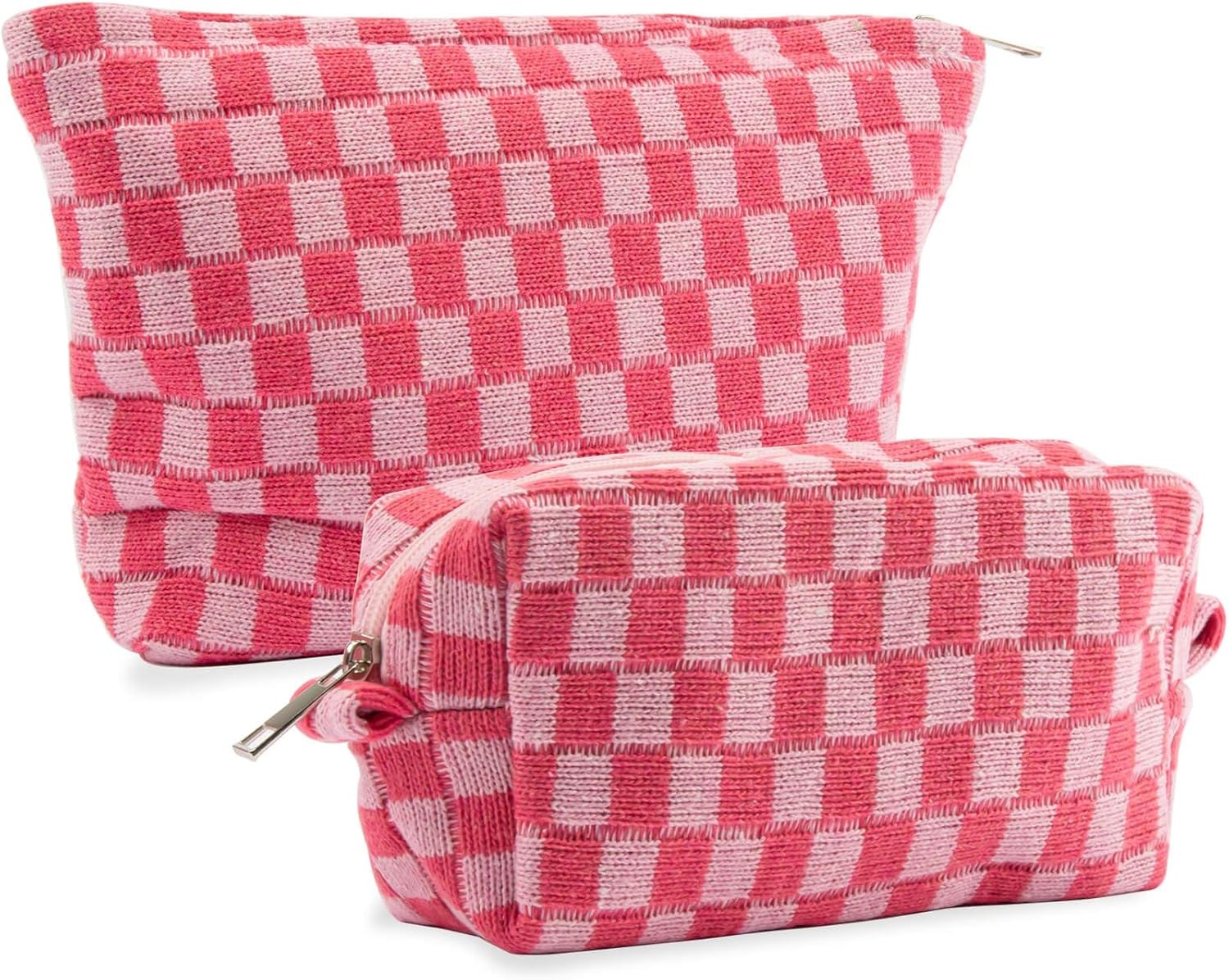 Makeup Bag - 2 Pack Makeup Bags Checkered Cosmetic Bag for Ladies Makeup Bags Set for Women Girls Toiletry Bag for Travel Pink Cute Travel Bag Mini Bag