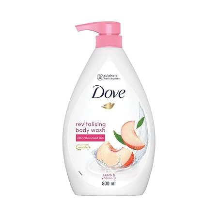 Dove Revitalizing Bodywash scented with peach and infused with Vtamin C to hydrate your skin, 100% gentle cleansers, paraben free/sulphate free cleansers, 100% plant- based moisturisers, 800ml