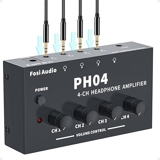 Fosi Audio Ph04 4 Channel Over Ear Headphone Amplifier Stereo Audio Amp With 12V Power Adapter Ultra-Compact Portable Headphone Splitter For Studio And Stage, Black