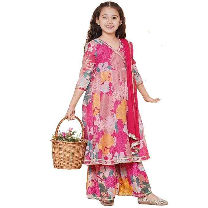 Naixa Girls Rayon Fabric Floral Printed 3/4 Sleeve Sharara Dress Set, Pink For All Occasion