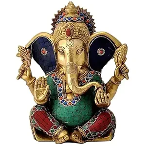 CraftVatika Colourful Large Ganesh Brass Action Idol Statue Puja Home Decor Gift Diwali Wedding Anniversary, 22.9 Centimeters