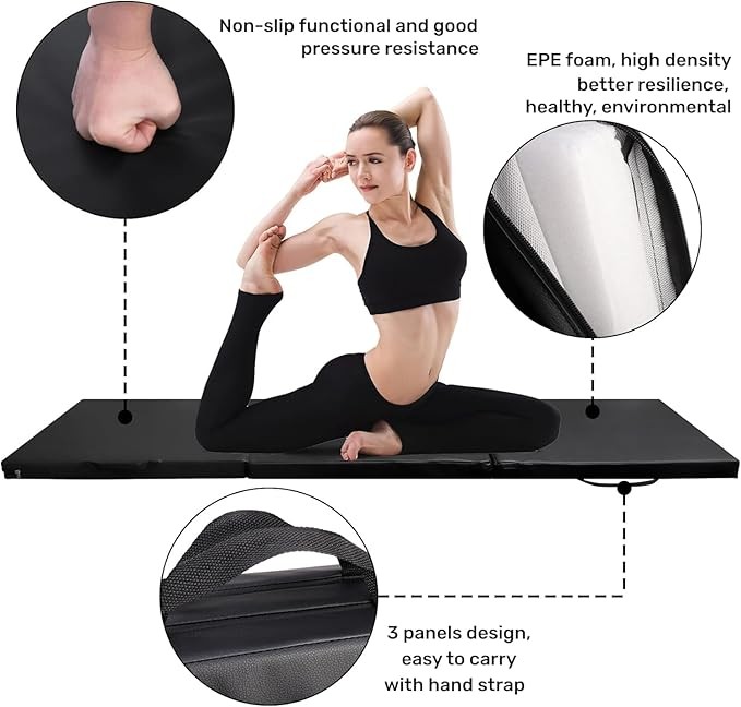 IRIS Tri-Fold Gymnastics Mat, 6' x 2' PU Leather Thick Tumbling Mat with Carrying Handles, Non-Slip Exercise Mats for Home Fitness, Aerobics, Stretching, Yoga, Core Workouts and Martial Arts