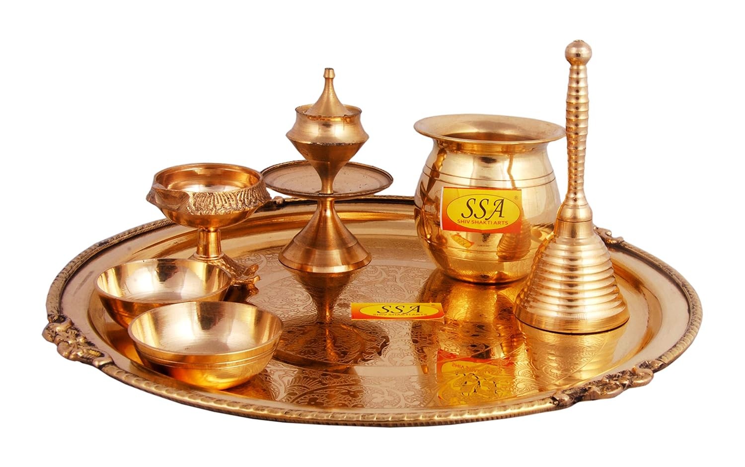 Shiv Shakti Arts® Diwali Navratra Spacial Brass Pooja Thali Set, Religious Spiritual Item, Home Temple for Laxmi Ganesh Ji Poojan (7 Pcs = 11.22" inch, Karvi - 2020 Design)