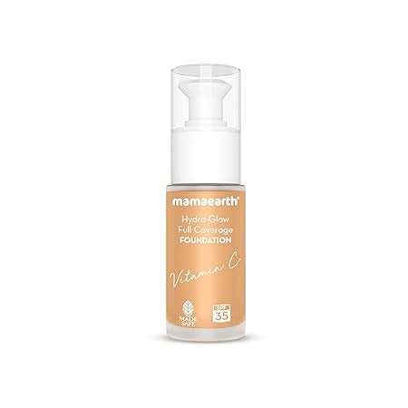 Mamaearth Hydra-Glow Full Coverage Dewy Finish Liquid Foundation With Vitamin C & Turmeric- 30 Ml|Full Coverage|Gives 3X Instant Glow|12-Hour Long Stay & Hydration|Spf 35|Non-Drying (04 Sun Glow)