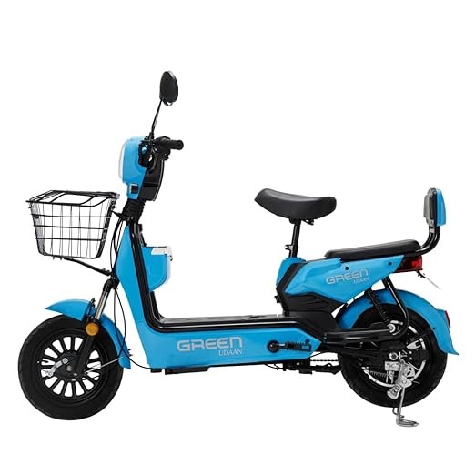 Green Udaan Electric Scooter for adult’s commuter with portable rechargeable battery, No RTO Registration or DL required, 30kms Range & 25kmph Power by 250W Motor, Comfortable Wider Deck E-Bike | Blue