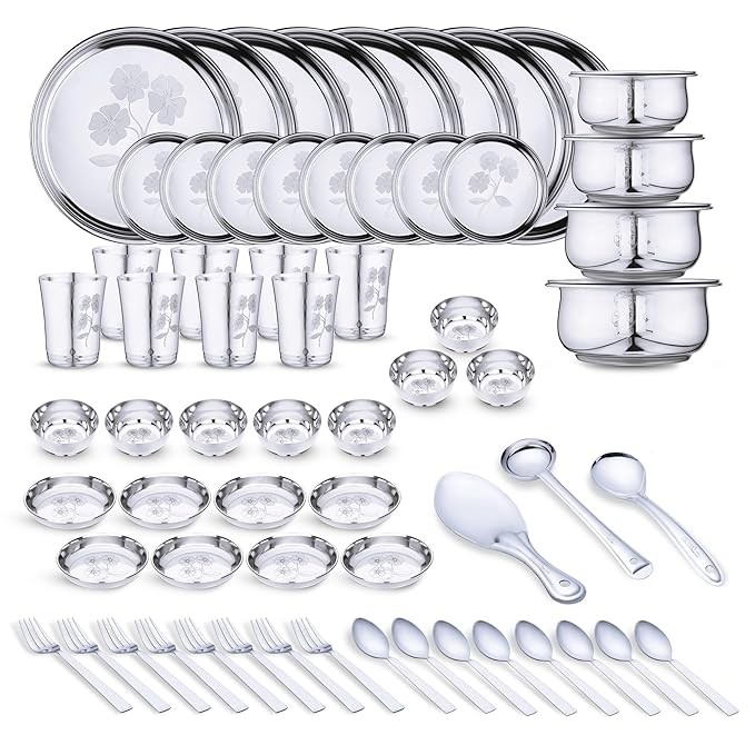 Limetro Steel Laser Printed Steel Dinner Set | 67 Pieces Steel Dinner set | Steel Kitchen Set |(Set of 67- Serves 8, Flower-2)