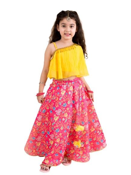 Pspeaches Girls Coral Yellow Ready To Wear Lehenga Choli (Orange)