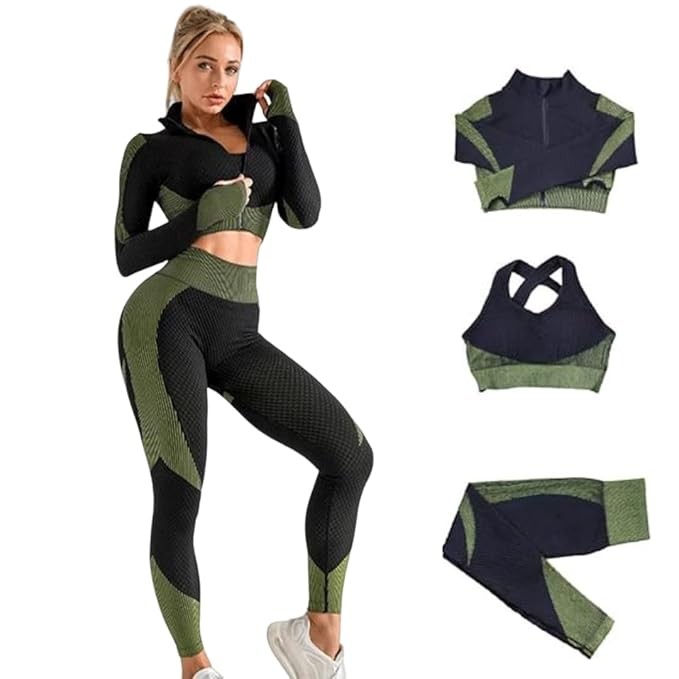 Shopipistic Stylish 3pc Track Suit Gym Wear for Women Workout Set with Butt Lift High Waist Stretchable Leggings, Zipper Crop Top and Cross Strap Sports Bra, Yoga Outfit Co Ord Sets