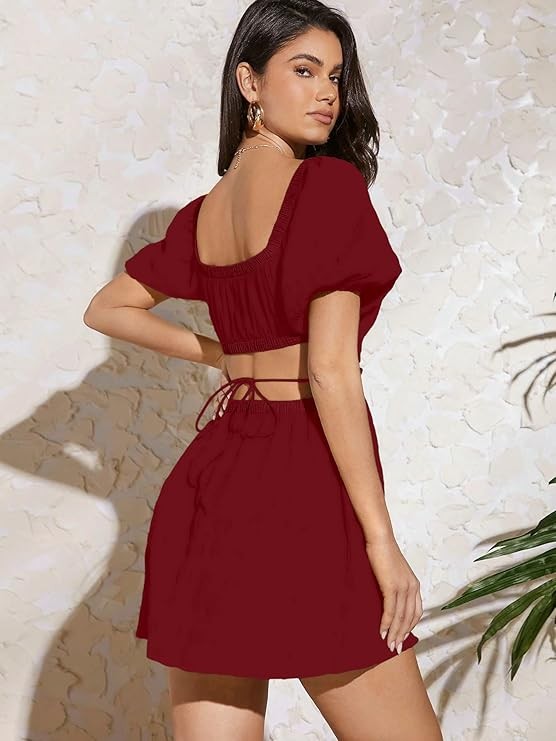 Aahwan Solid Summer Beach Square Neck Puff Sleeve Cut Out Waist Mini Dress For Women's & Girls