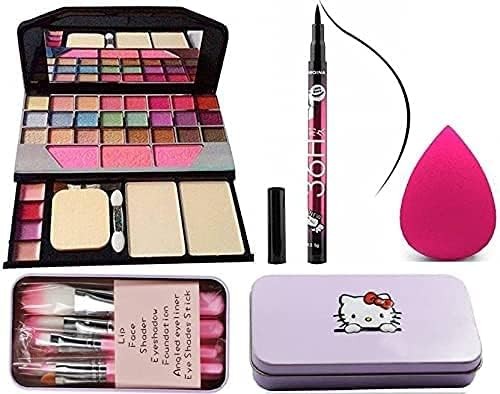 Women's & Girl's Tya 6155 Multicolour Makeup Kit and 7 Pink Makeup Brushes Set, 36H Waterproof Eyeliner Pencil with Pink Beauty Blender - (Pack of 10)