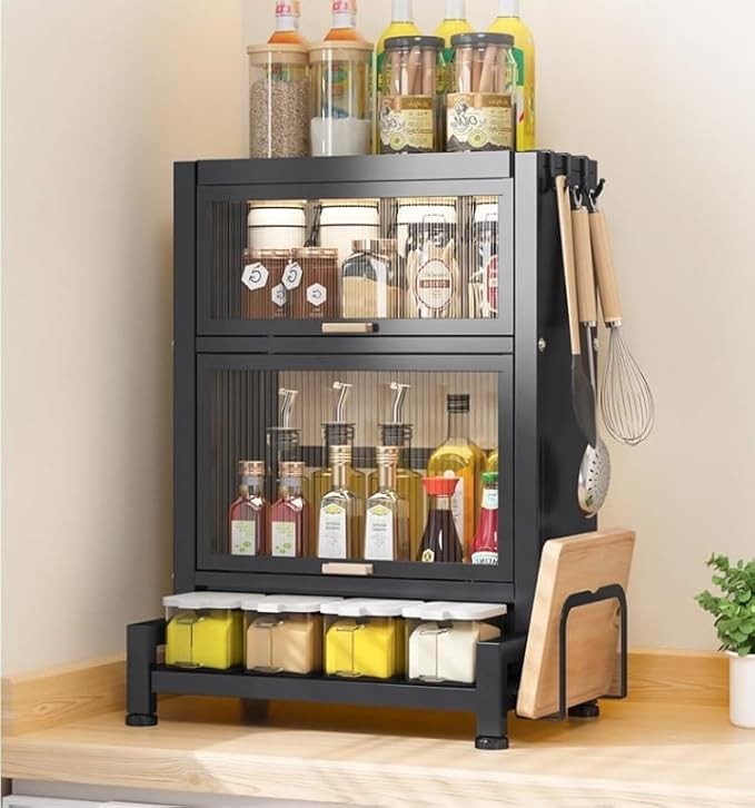 NYTRYD Kitchen Spice Rack, Multifunctional Spice Rack Condiment Box, 3-Tier Spice Organizer, Storage and Organization Shelf for Kitchen, Dining Room and Bathroom (Black Cabinet)